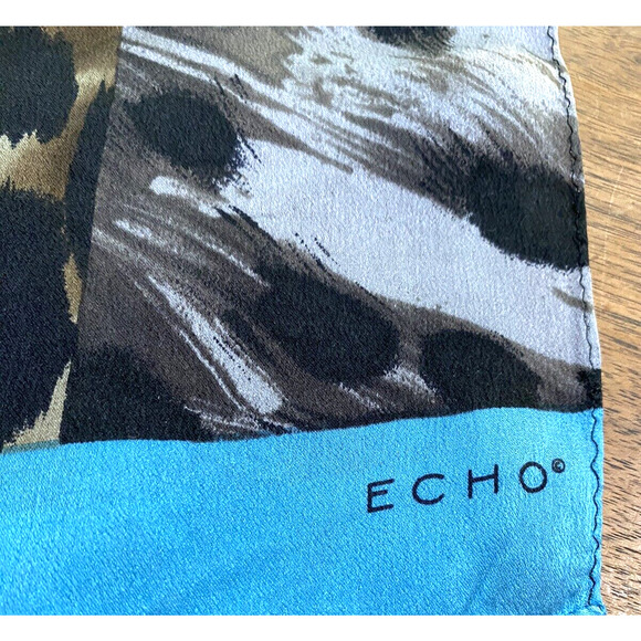Vintage ECHO Silk Scarf Long Rectangle Animal Print Patchwork Logo Blue Sheer - Picture 5 of 5